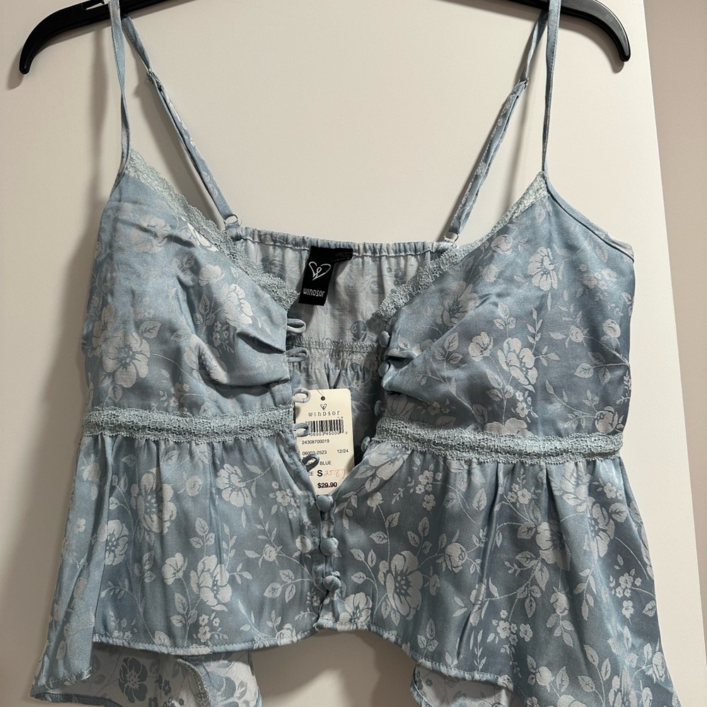 Windsor Blue Floral Lace Trim Top